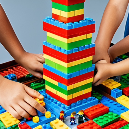 Home 4 A group of Turkish children playing with LEGOs together, building a tall and colorful tower, showcasing cooperation and teamwork.