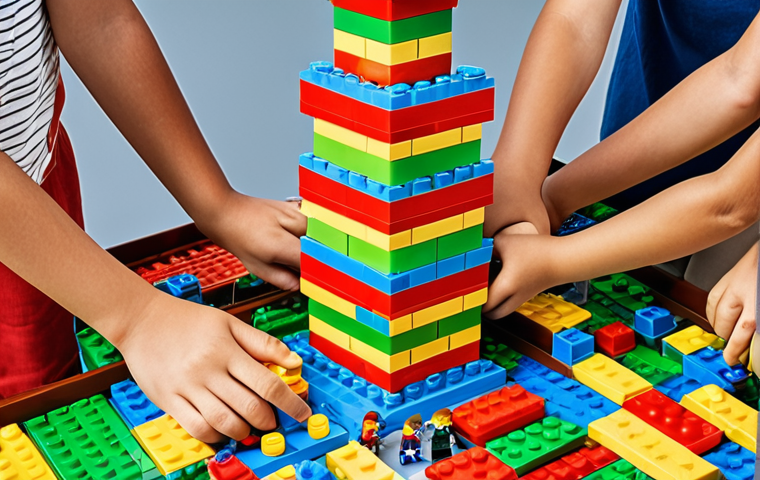 A group of Turkish children playing with LEGOs together, building a tall and colorful tower, showcasing cooperation and teamwork.